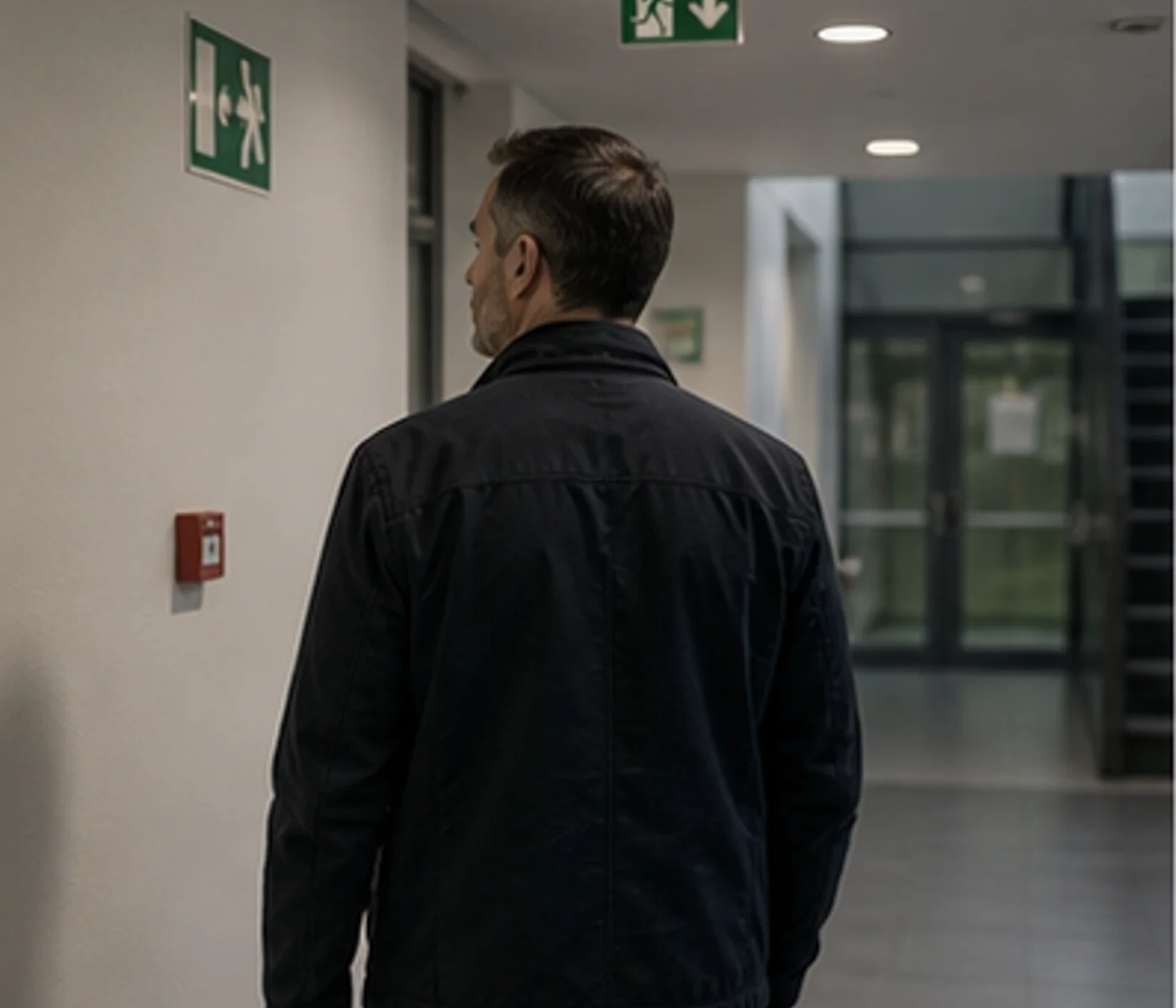 Auditor v únikové chodbě kontroluje značení a průchodnost evakuační trasy.