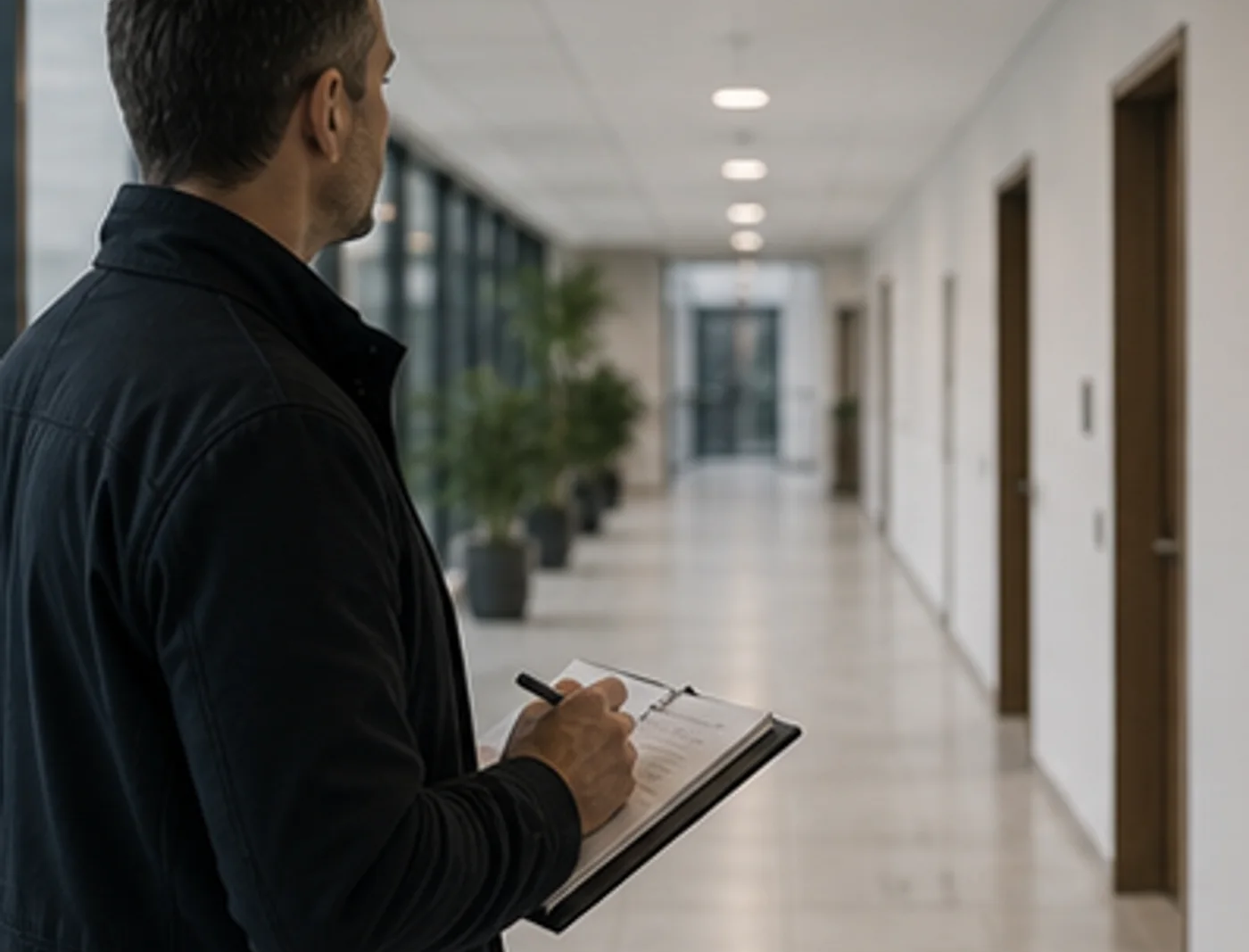 Auditor prochází chodbou veřejné budovy a zapisuje si poznámky během průzkumu provozu.