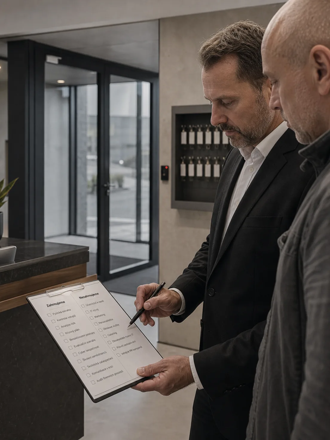 Auditor se správcem u únikových dveří kontroluje jejich průchodnost a kování.
